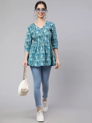 Turquoise Hand Kantha Peplum Top