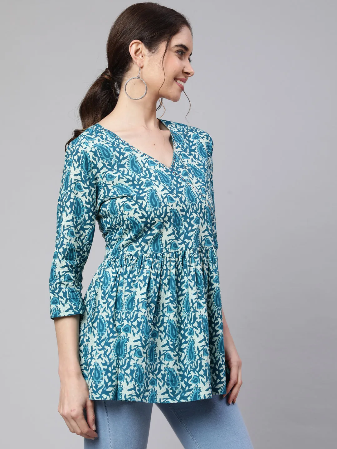 Turquoise Hand Kantha Peplum Top