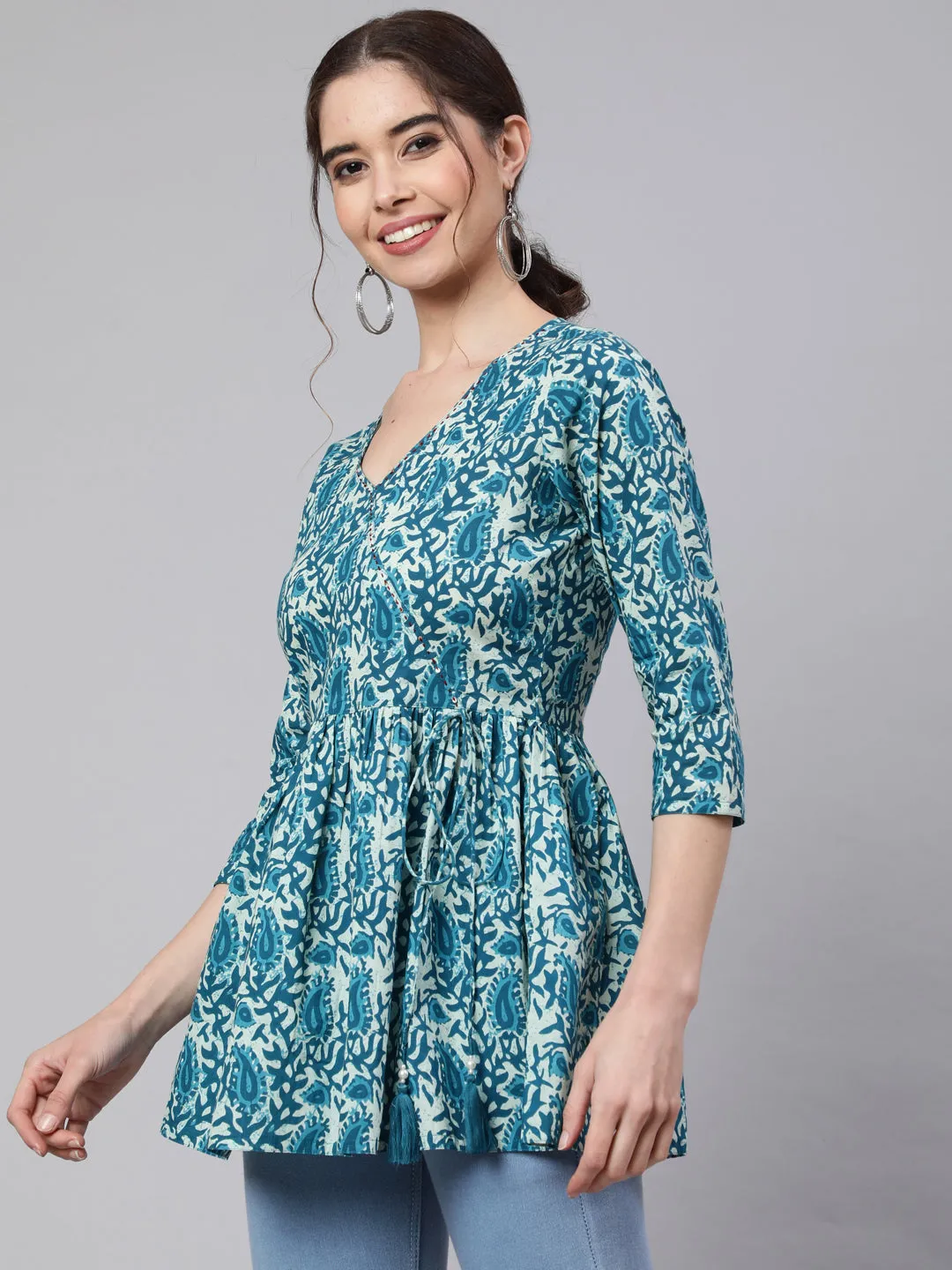 Turquoise Hand Kantha Peplum Top