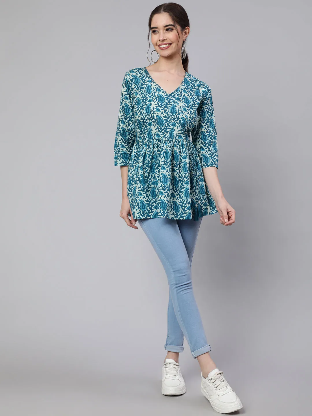 Turquoise Hand Kantha Peplum Top