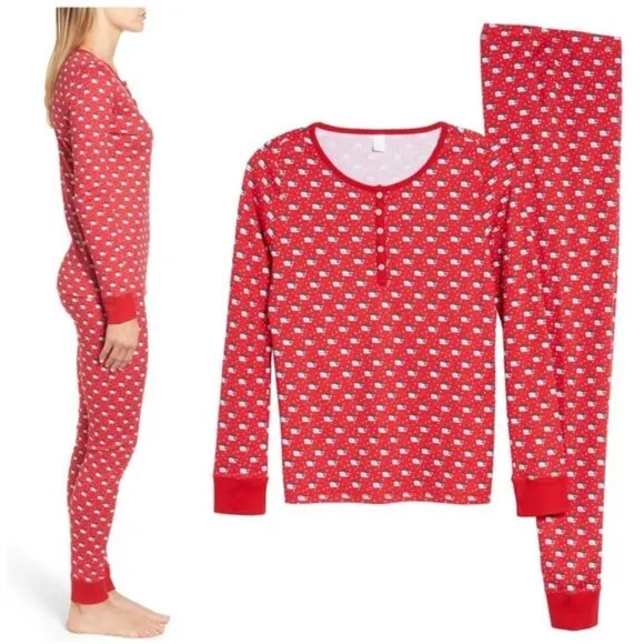 Vineyard Vines Pajama Top/Pants SET Size M Red Holiday Santa Whales Cotton PJs