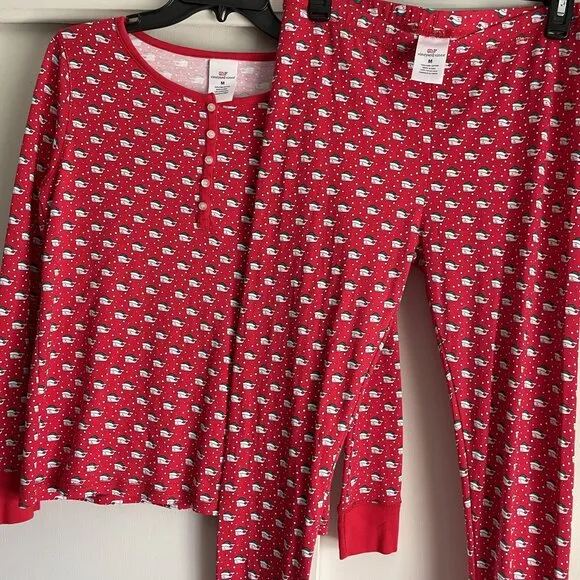 Vineyard Vines Pajama Top/Pants SET Size M Red Holiday Santa Whales Cotton PJs