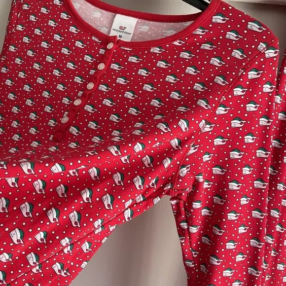 Vineyard Vines Pajama Top/Pants SET Size M Red Holiday Santa Whales Cotton PJs