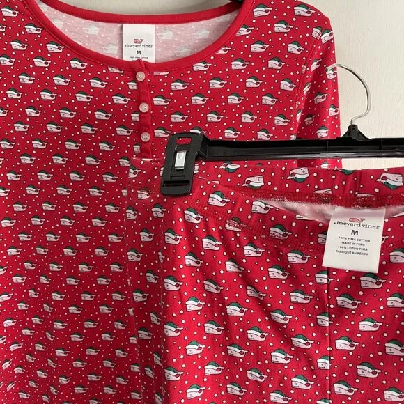 Vineyard Vines Pajama Top/Pants SET Size M Red Holiday Santa Whales Cotton PJs