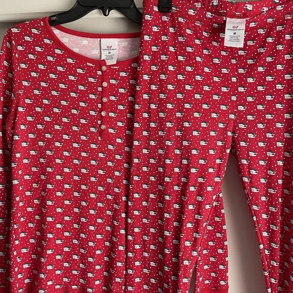 Vineyard Vines Pajama Top/Pants SET Size M Red Holiday Santa Whales Cotton PJs
