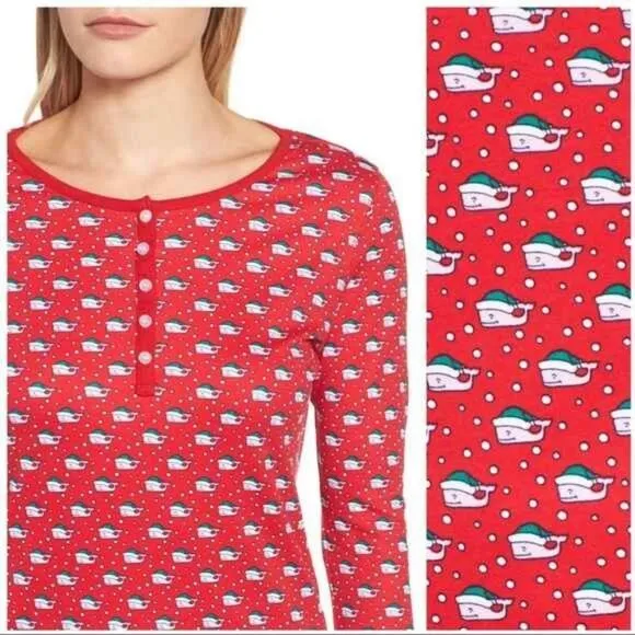 Vineyard Vines Pajama Top/Pants SET Size M Red Holiday Santa Whales Cotton PJs