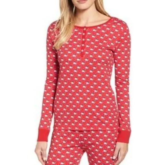 Vineyard Vines Pajama Top/Pants SET Size M Red Holiday Santa Whales Cotton PJs