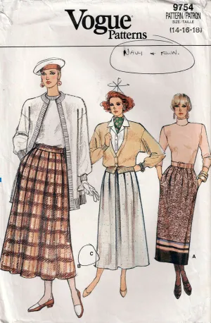 Vogue 9754 Womens Pleated Skirts 1980s Vintage Sewing Pattern Size 14 - 18 UNCUT Factory Folded