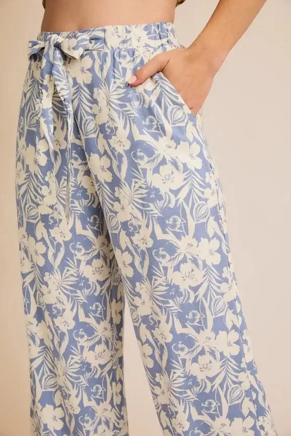 WAIST ELASTIC FRONT SELF TIE FLORAL PANTS