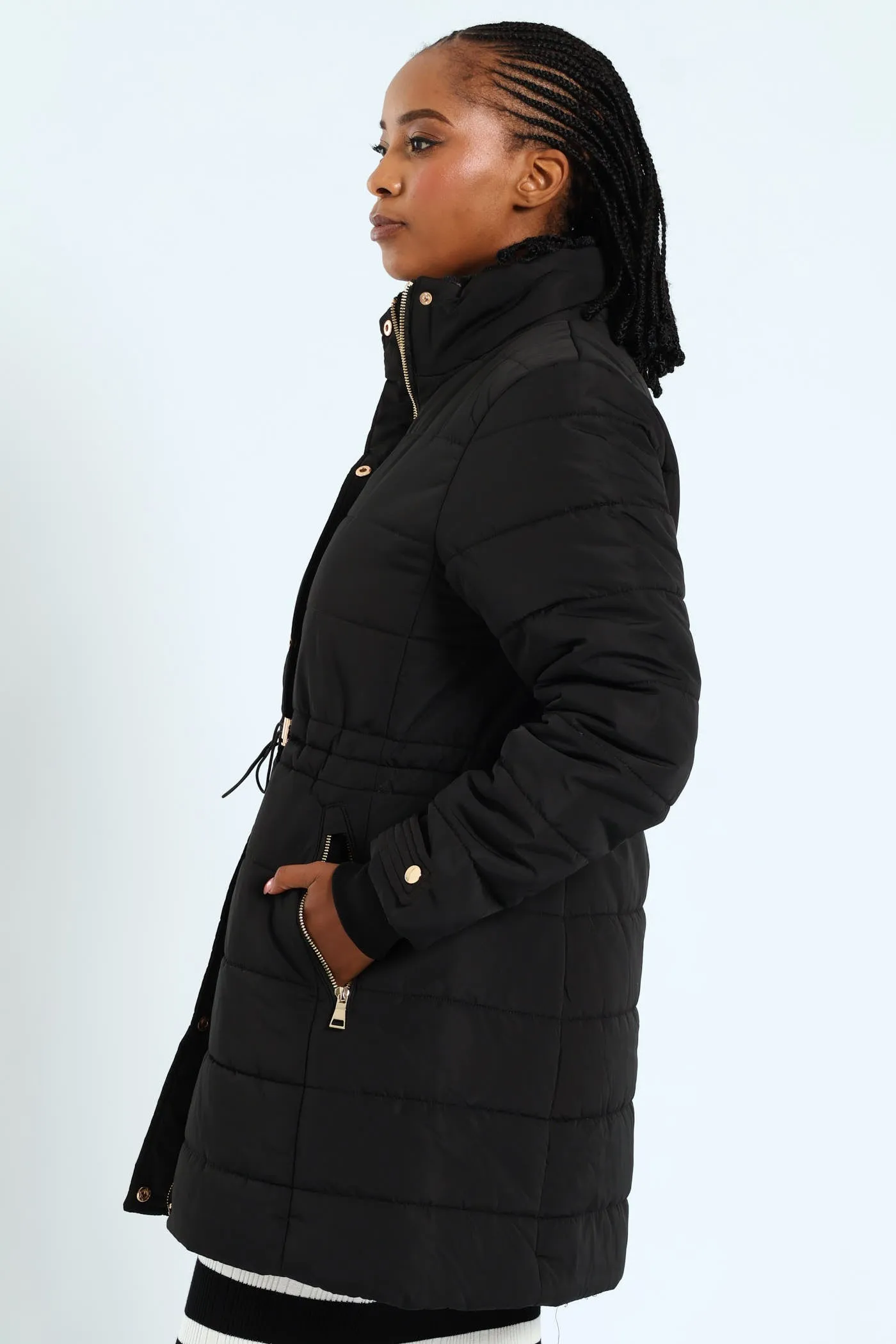 Waisted Quilted Parka Puffer Jacket - Black