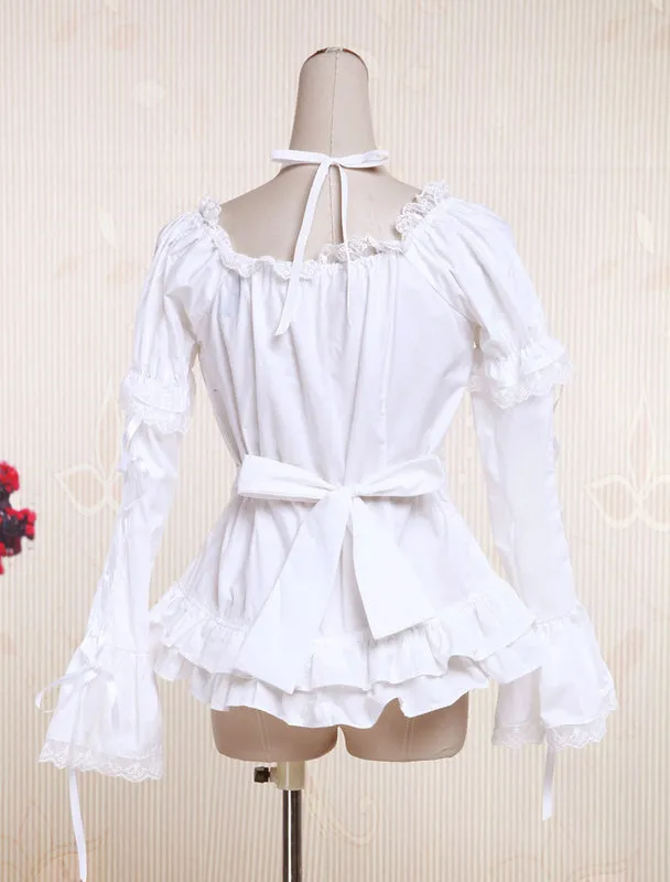 White Cotton Lolita Blouse Long Hime Sleeves Neck Straps Lace Trim Ruffles