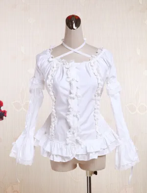 White Cotton Lolita Blouse Long Hime Sleeves Neck Straps Lace Trim Ruffles