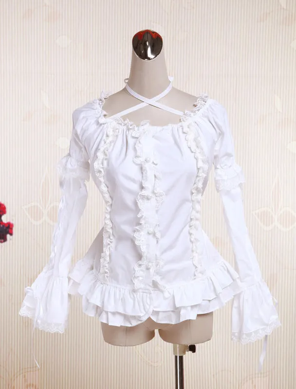 White Cotton Lolita Blouse Long Hime Sleeves Neck Straps Lace Trim Ruffles
