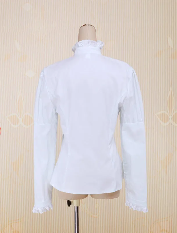 White Cotton Lolita Blouse Long Sleeves Stand Collar Lace Trim Ruffles