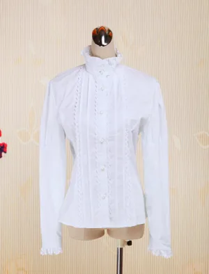 White Cotton Lolita Blouse Long Sleeves Stand Collar Lace Trim Ruffles