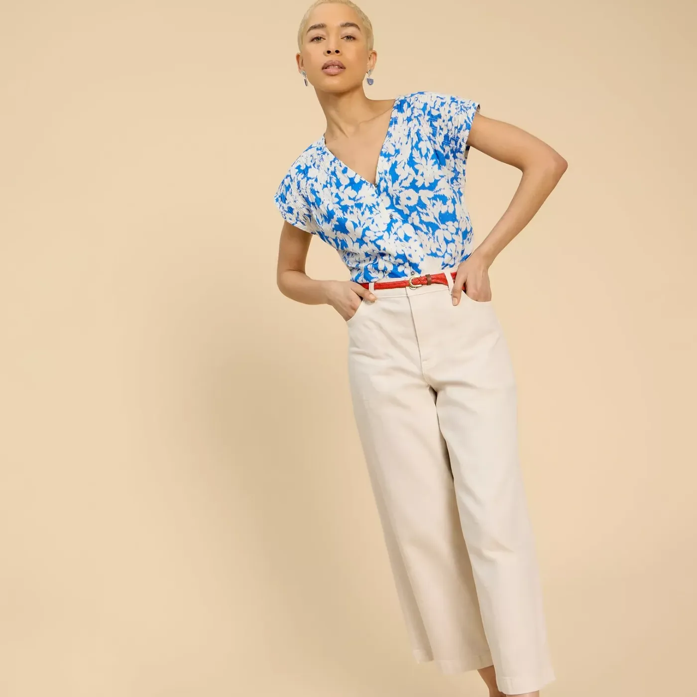 White Stuff Rae Organic Top | Orange / Blue
