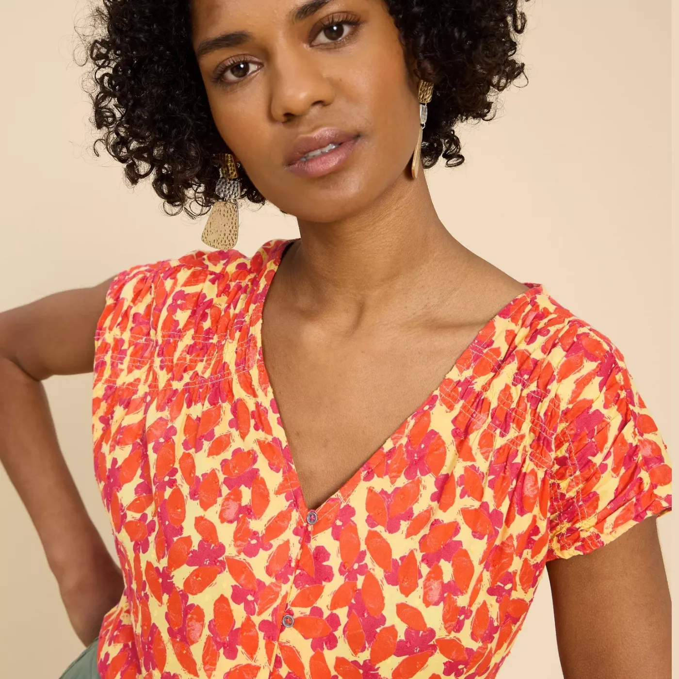 White Stuff Rae Organic Top | Orange / Blue
