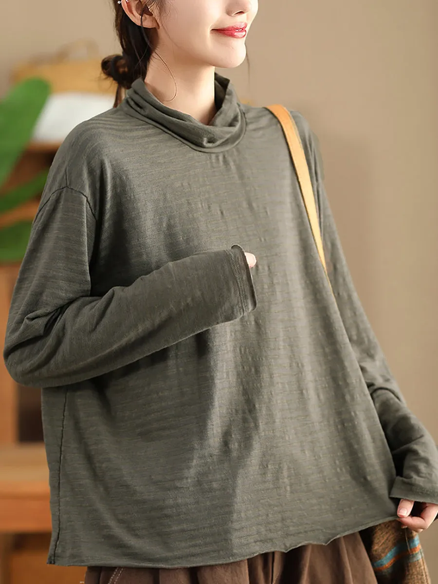Women Autumn Casual Stripe Turtleneck Cotton Blouse