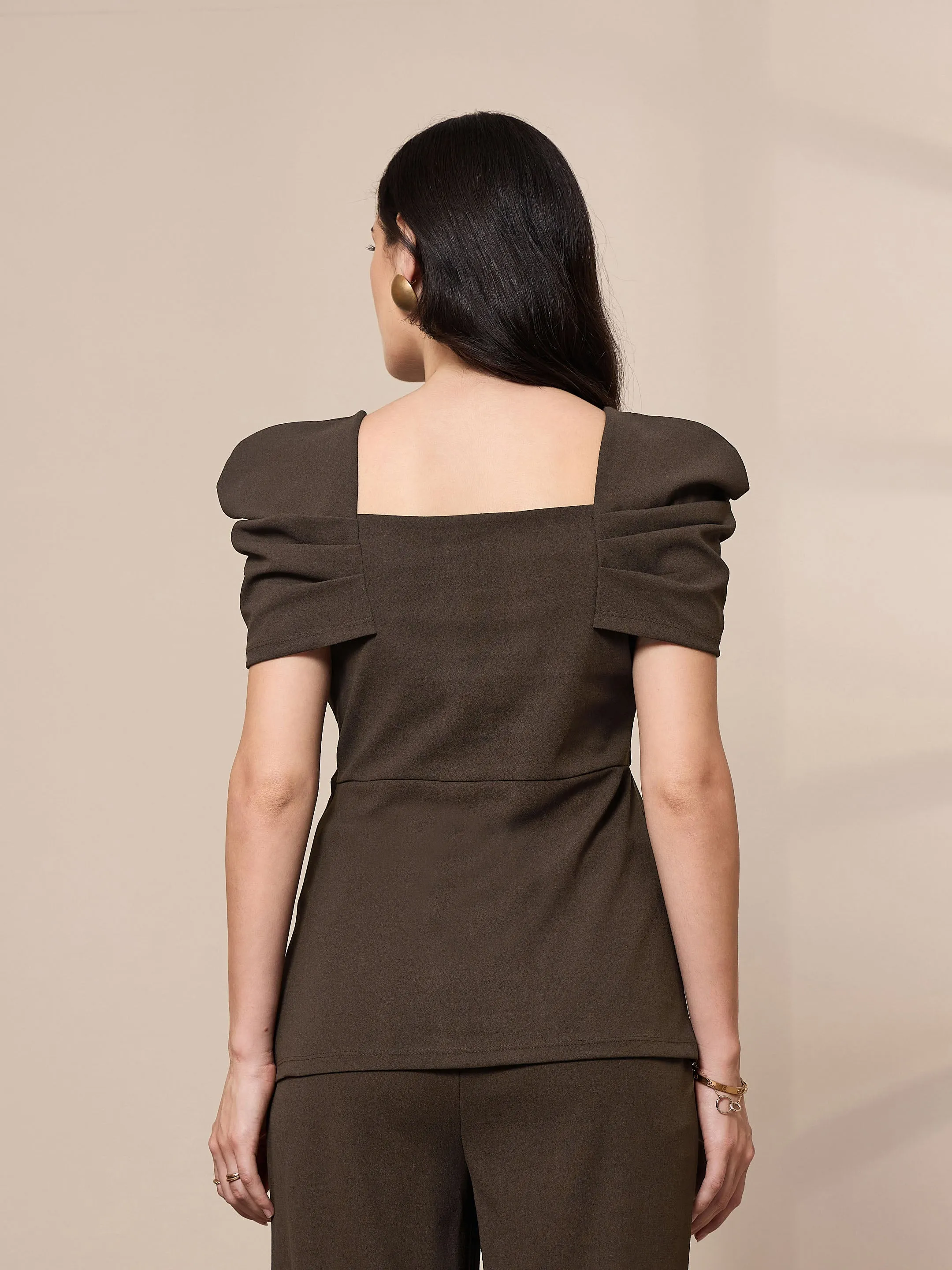 Women Brown Square Neck Peplum Top