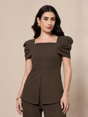 Women Brown Square Neck Peplum Top