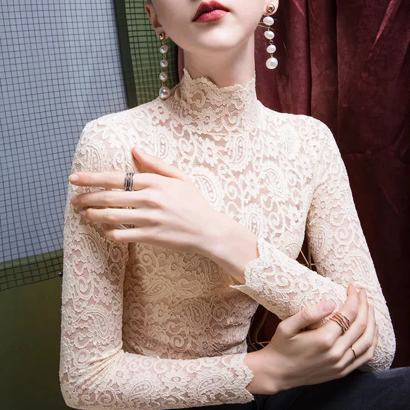 Women Casual Sexy Turtleneck Chiffon Pullover long sleeve Lace blouses shirts blouse Tops