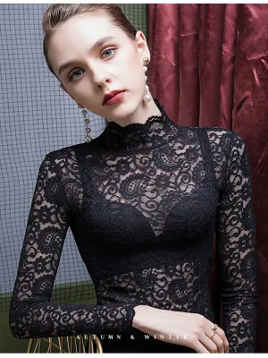 Women Casual Sexy Turtleneck Chiffon Pullover long sleeve Lace blouses shirts blouse Tops