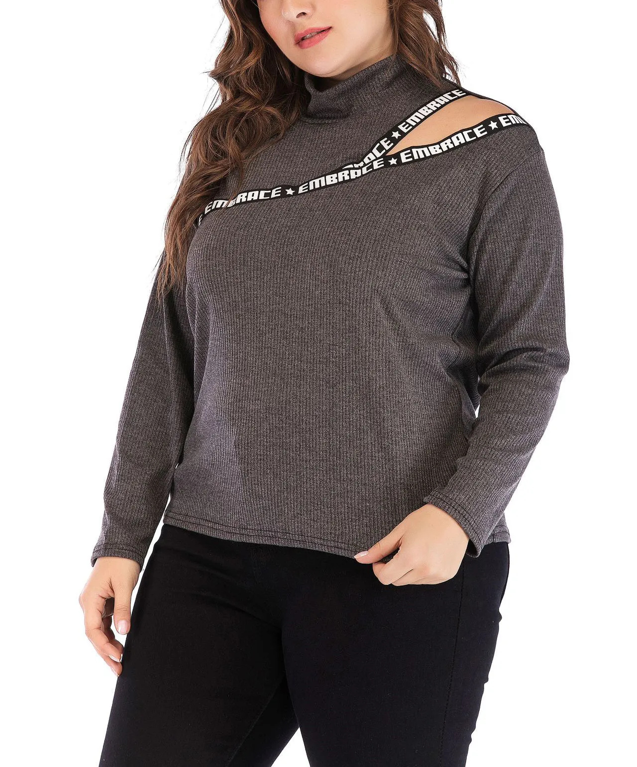 Women High Collar Plus Size Top
