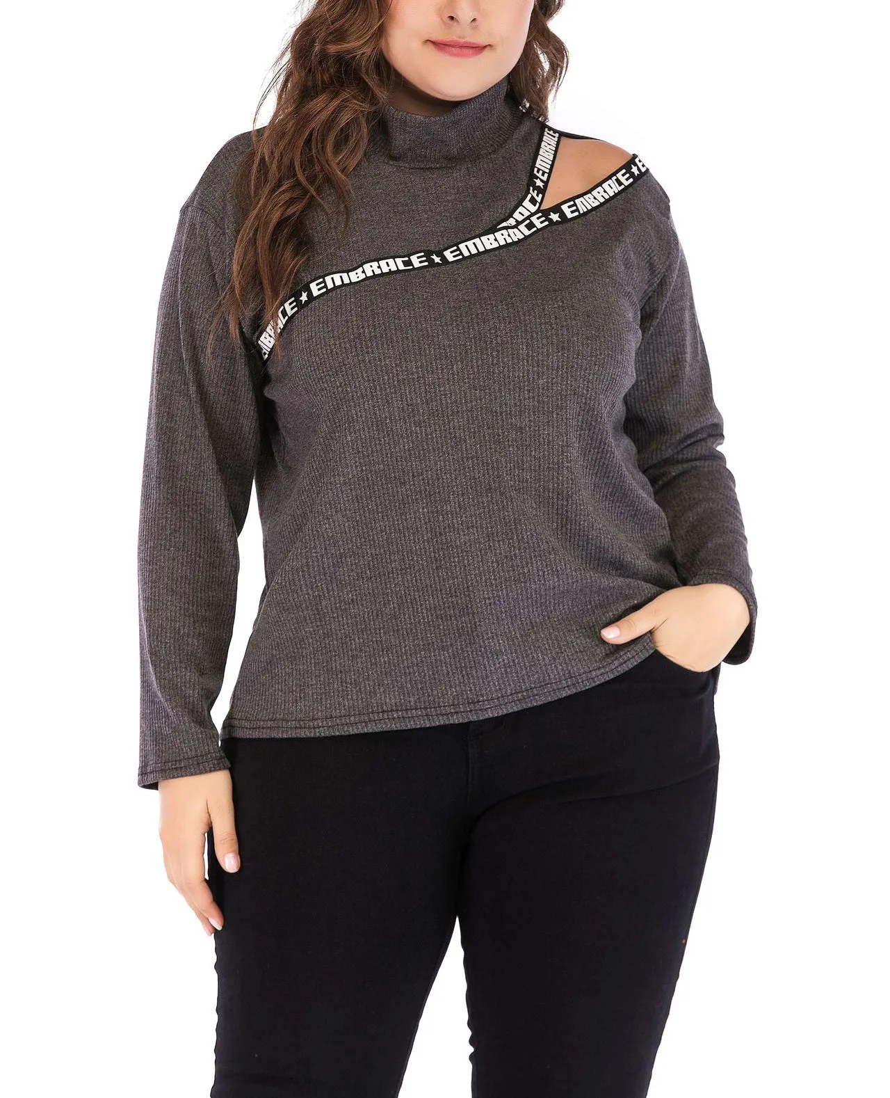 Women High Collar Plus Size Top