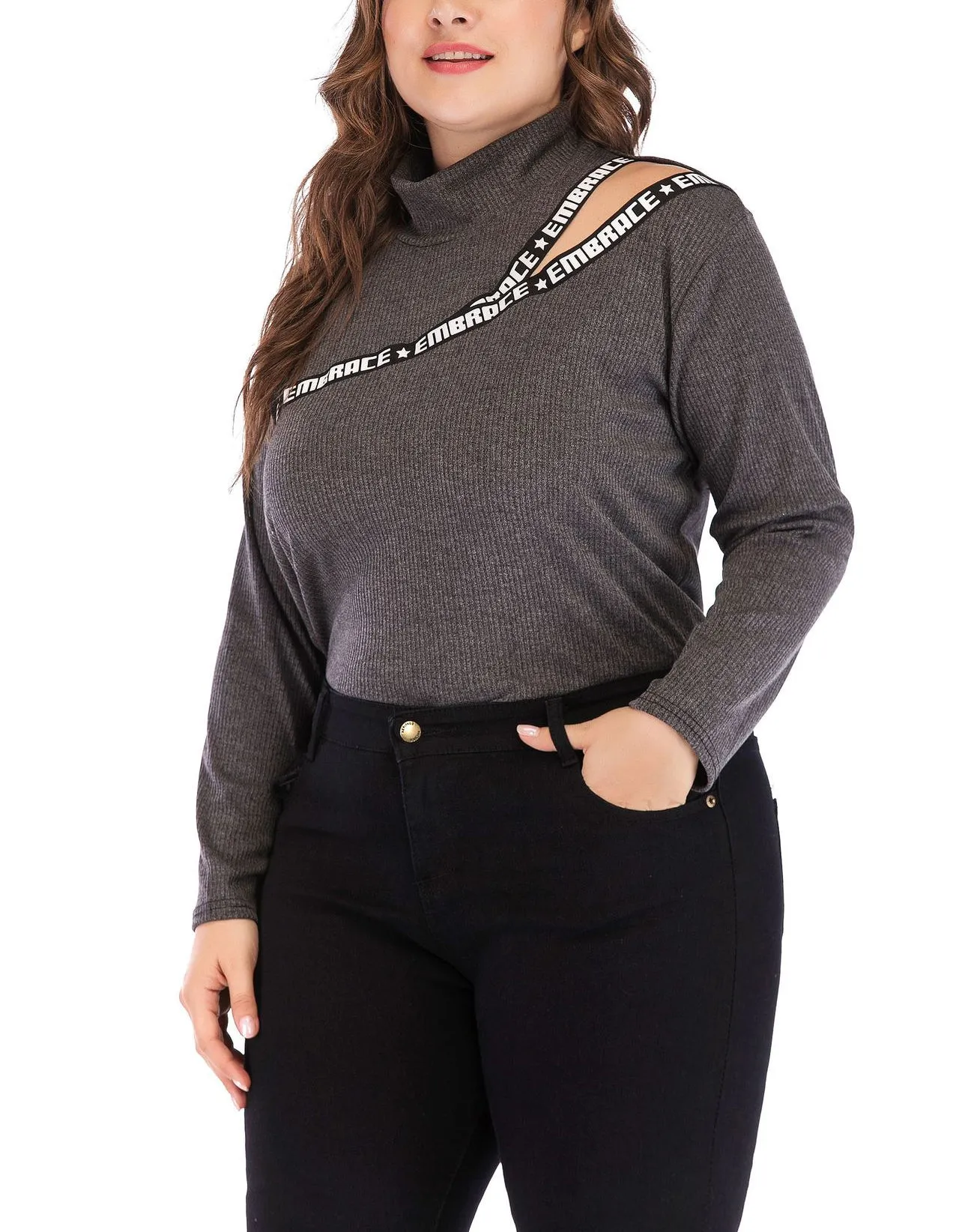 Women High Collar Plus Size Top