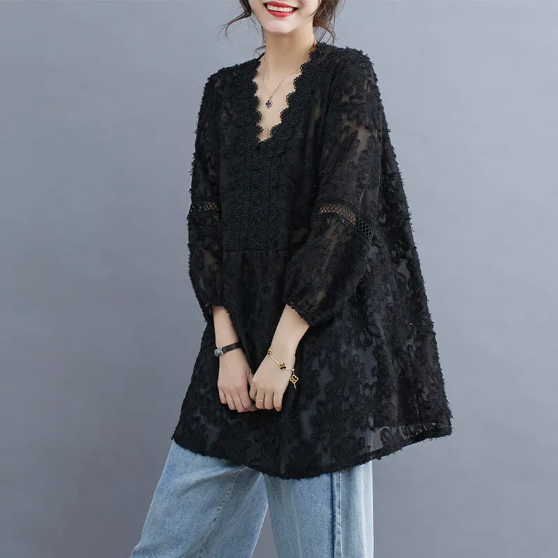 Women Sheer Lace Floral Embroidered V-Neck Loose Blouses