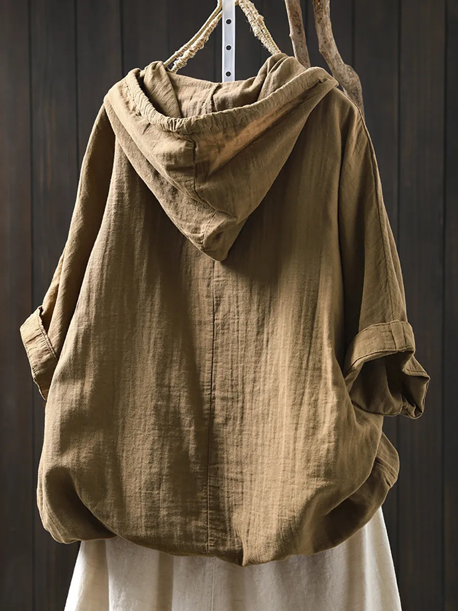 Women Spring 100%Cotton Pure Color Hooded Shirt