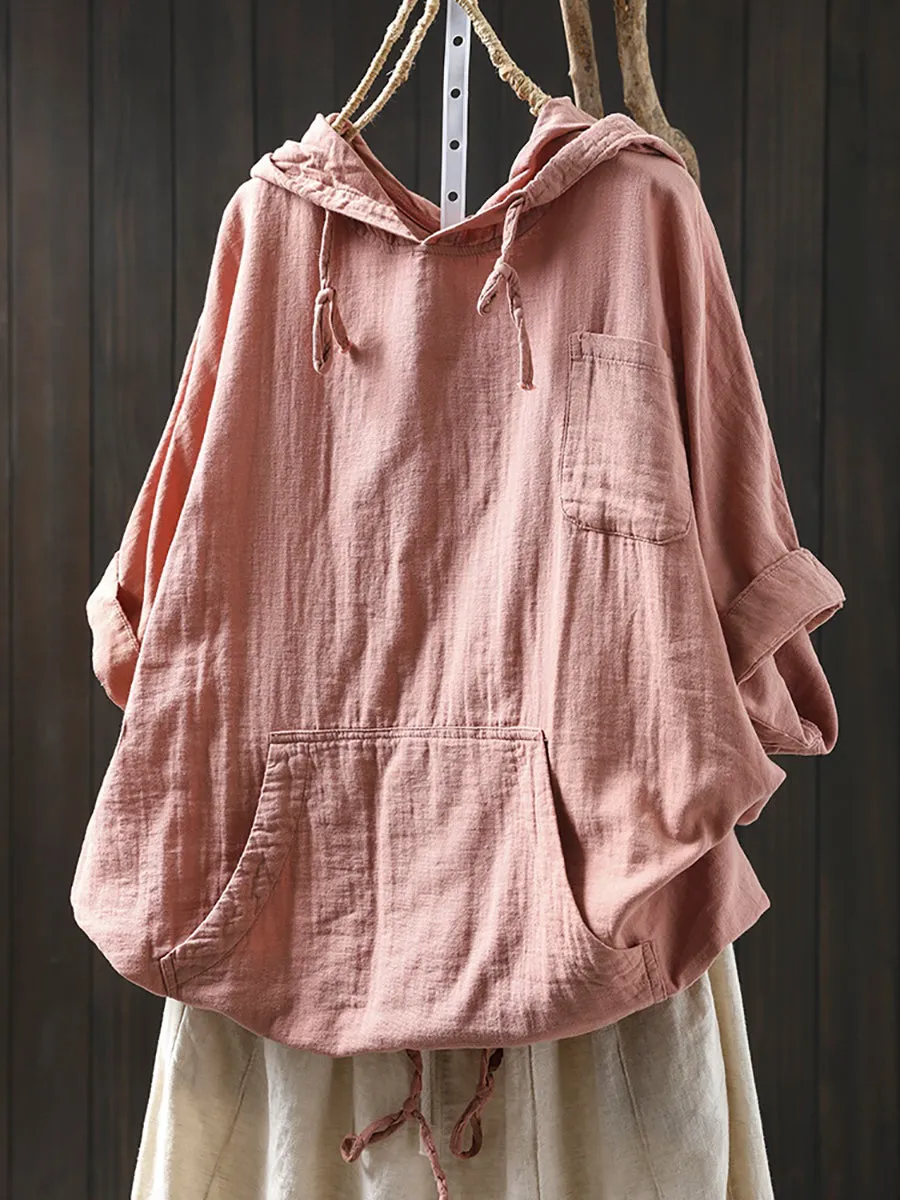 Women Spring 100%Cotton Pure Color Hooded Shirt