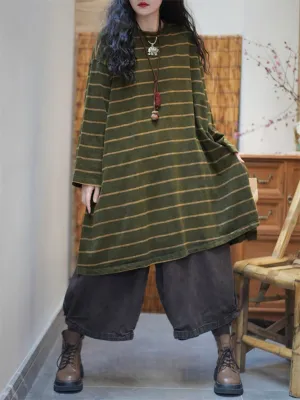 Women Spring Retro Stripe O-Neck Cotton Long Shirt