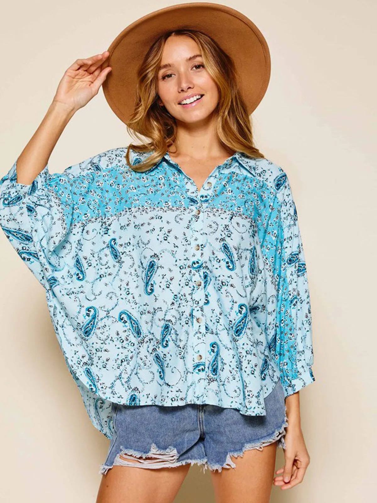 WOMEN'S 3/4 SLEEVE BUTTON UP MULTI PRINT TUNIC TOP