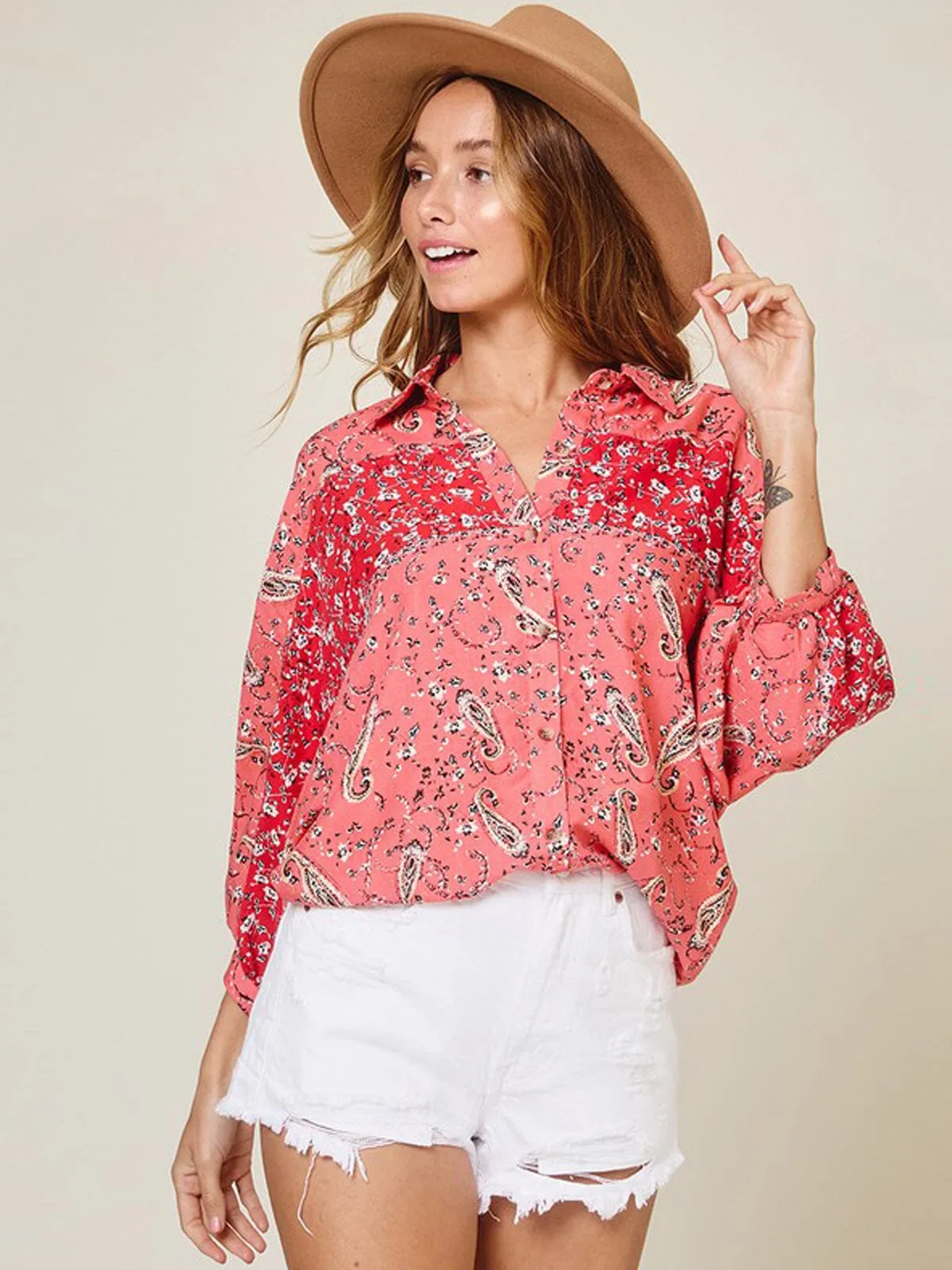 WOMEN'S 3/4 SLEEVE BUTTON UP MULTI PRINT TUNIC TOP