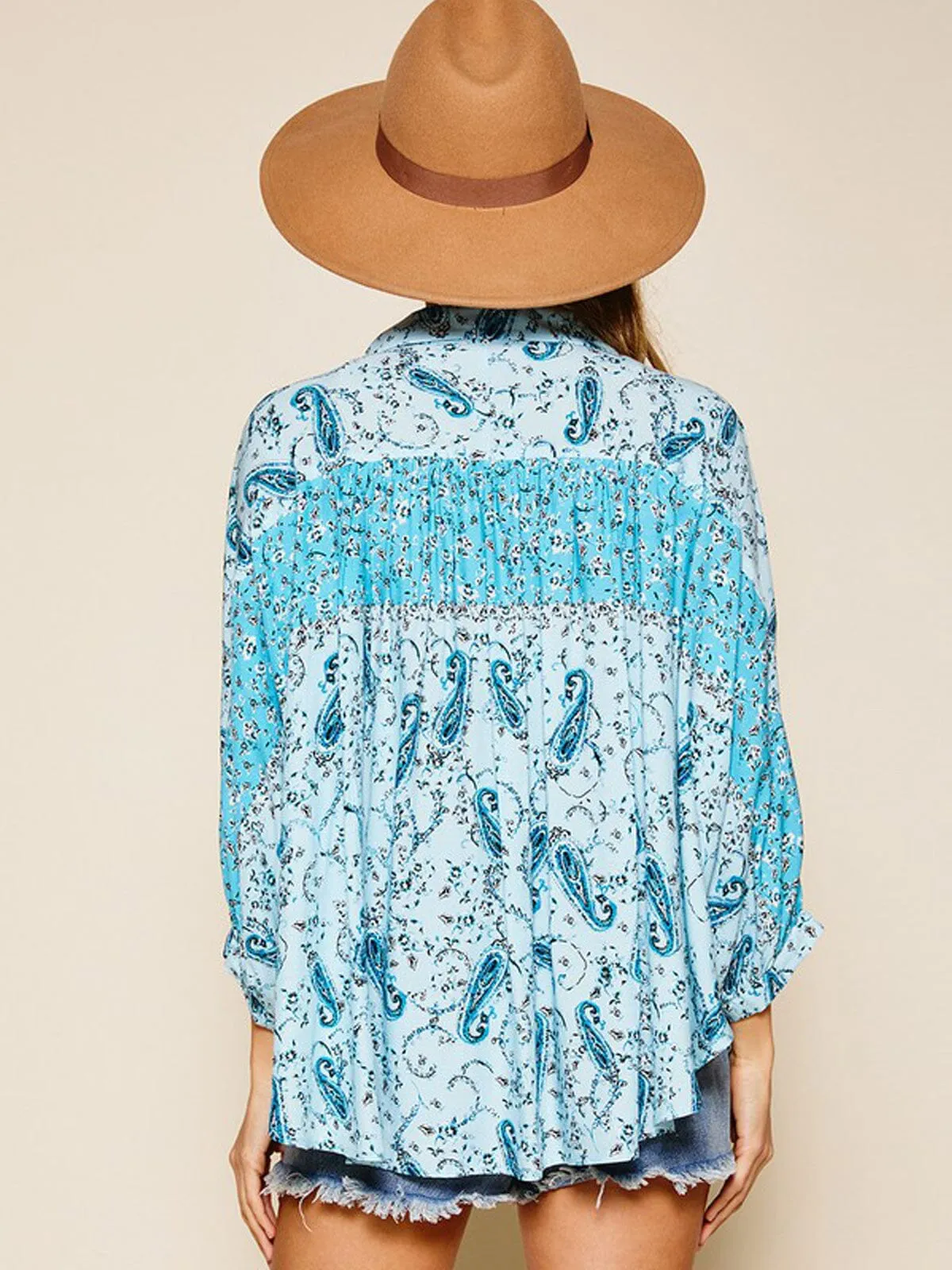 WOMEN'S 3/4 SLEEVE BUTTON UP MULTI PRINT TUNIC TOP