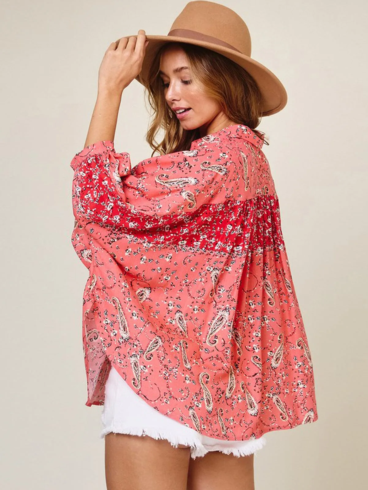 WOMEN'S 3/4 SLEEVE BUTTON UP MULTI PRINT TUNIC TOP