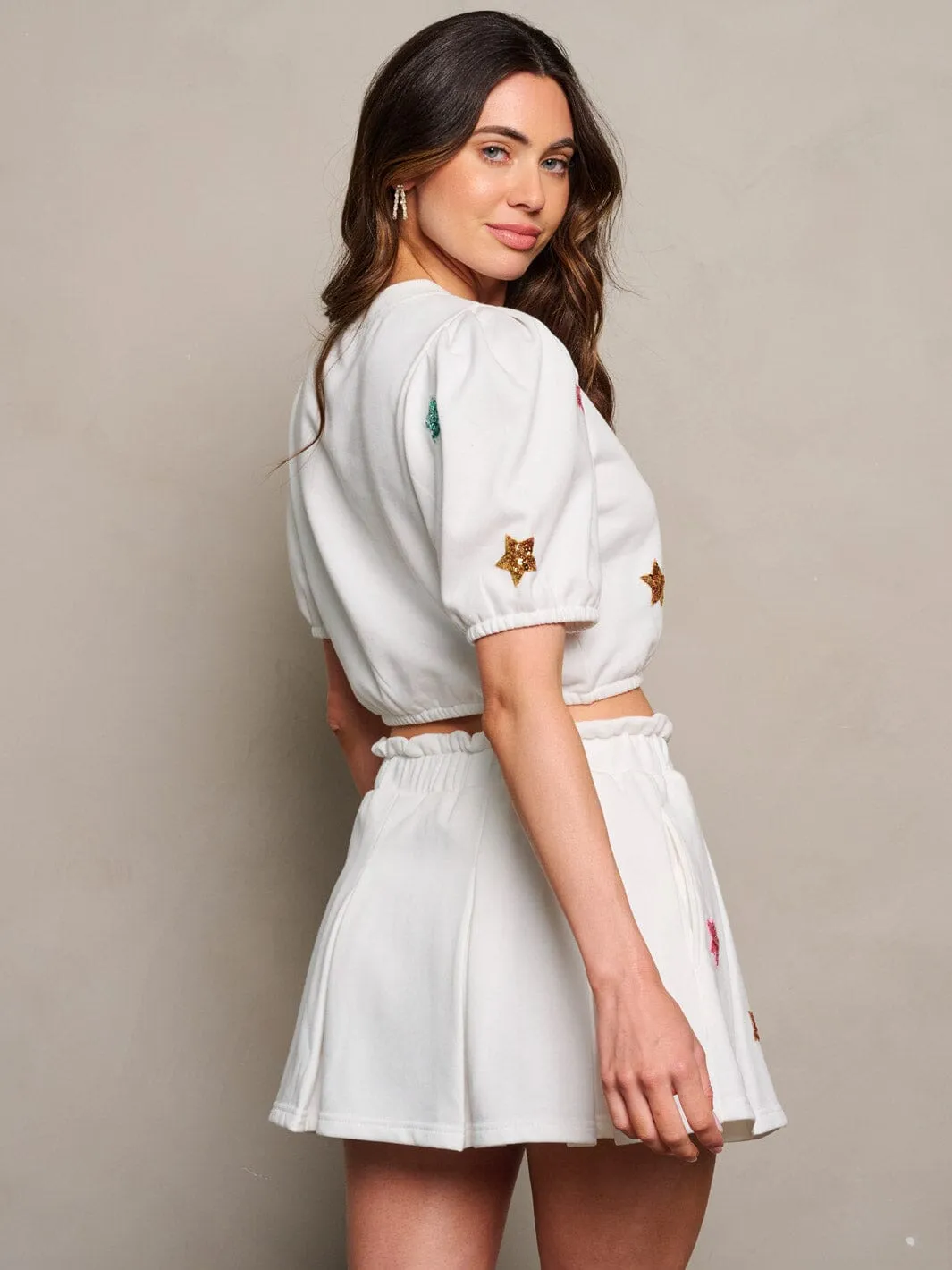 WOMEN'S ELASTIC WAIST POCKETS SEQUINS STARS PLEATED SKORT