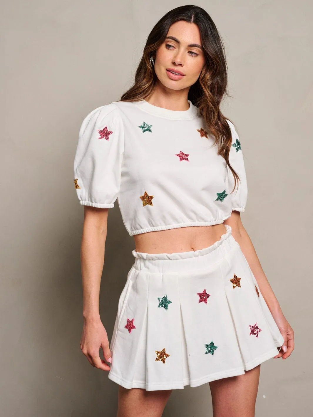 WOMEN'S ELASTIC WAIST POCKETS SEQUINS STARS PLEATED SKORT