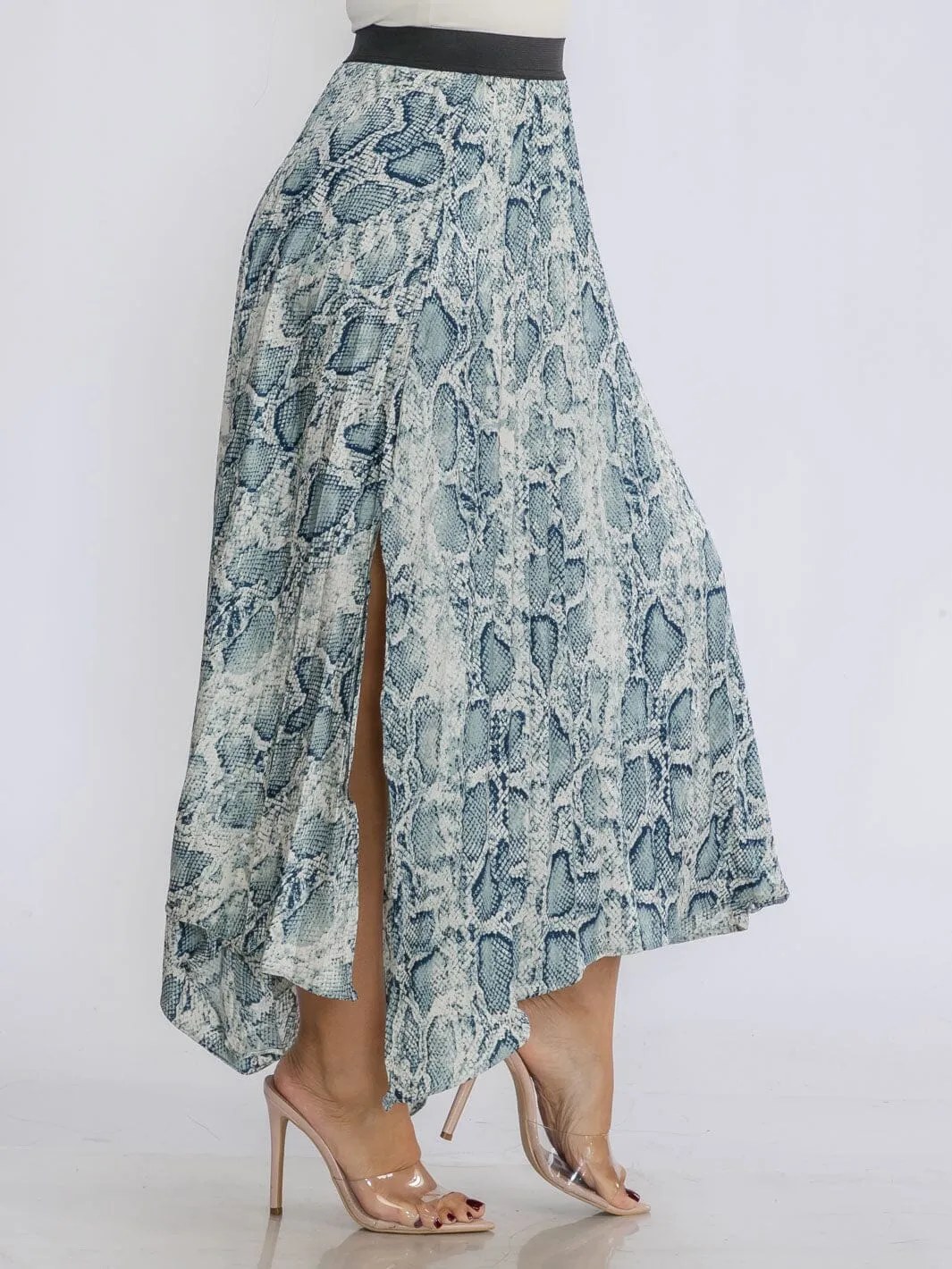 WOMEN'S ELASTIC WAIST SLIT PLEATED ANIMAL PRINT MAXI SKIRT