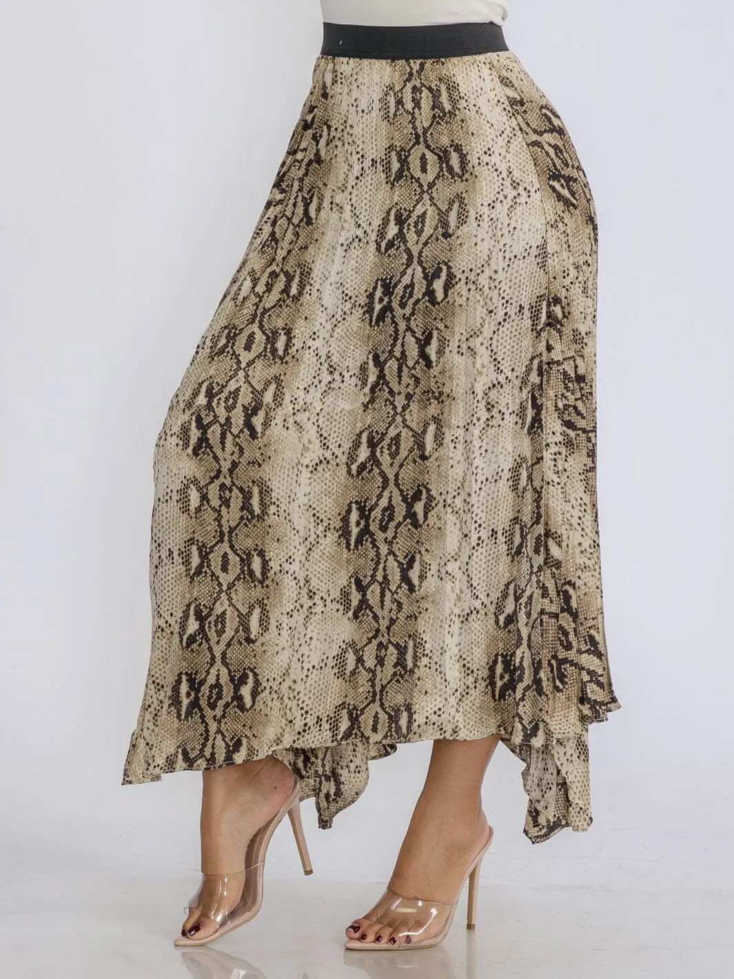 WOMEN'S ELASTIC WAIST SLIT PLEATED ANIMAL PRINT MAXI SKIRT