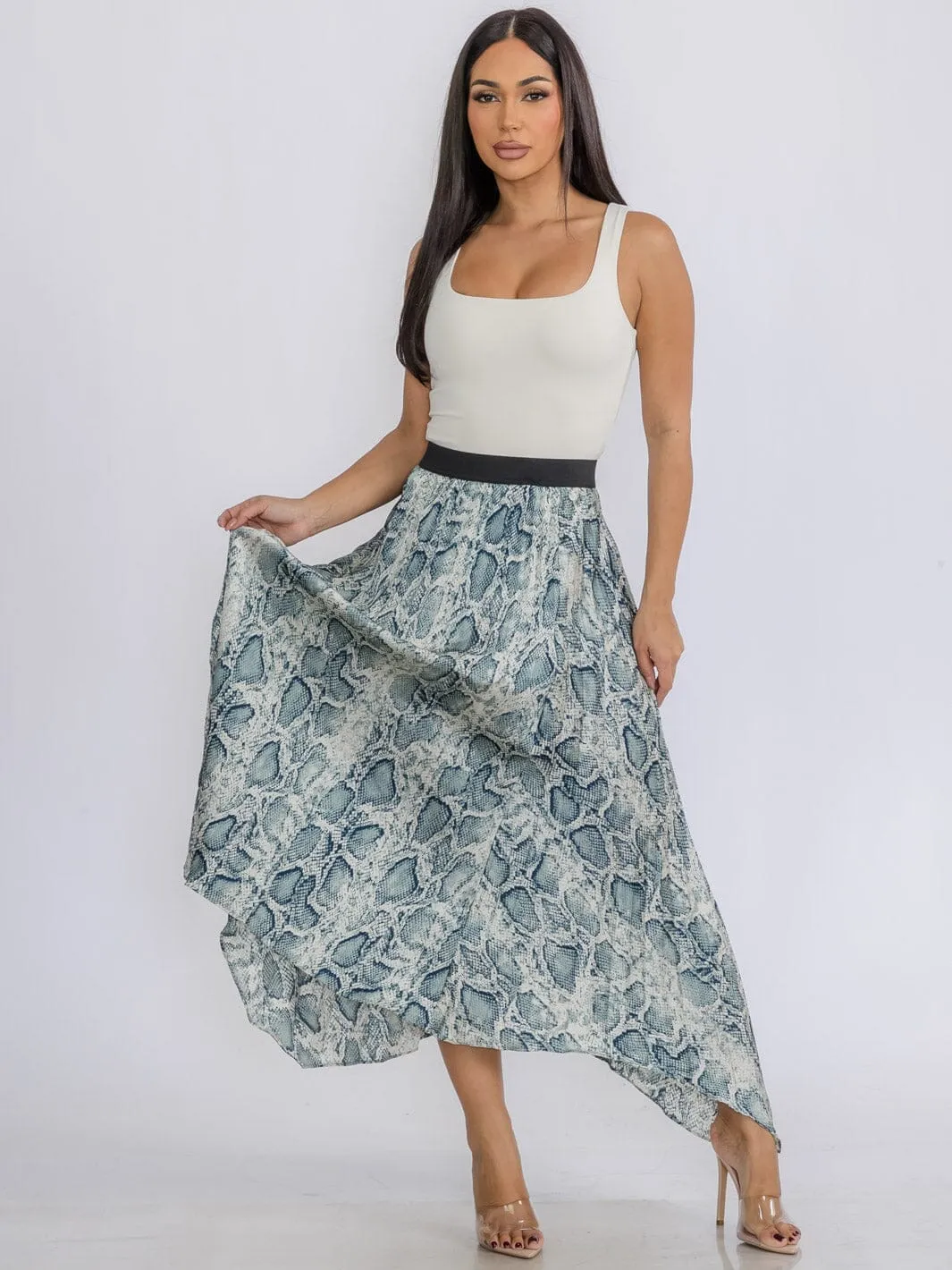 WOMEN'S ELASTIC WAIST SLIT PLEATED ANIMAL PRINT MAXI SKIRT