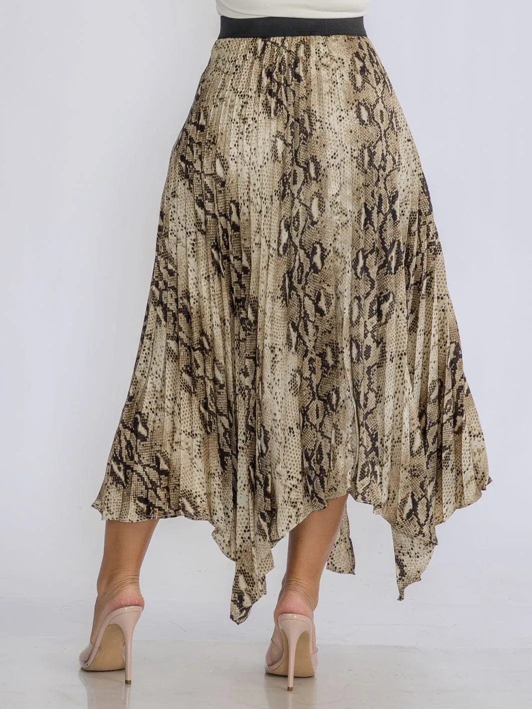WOMEN'S ELASTIC WAIST SLIT PLEATED ANIMAL PRINT MAXI SKIRT
