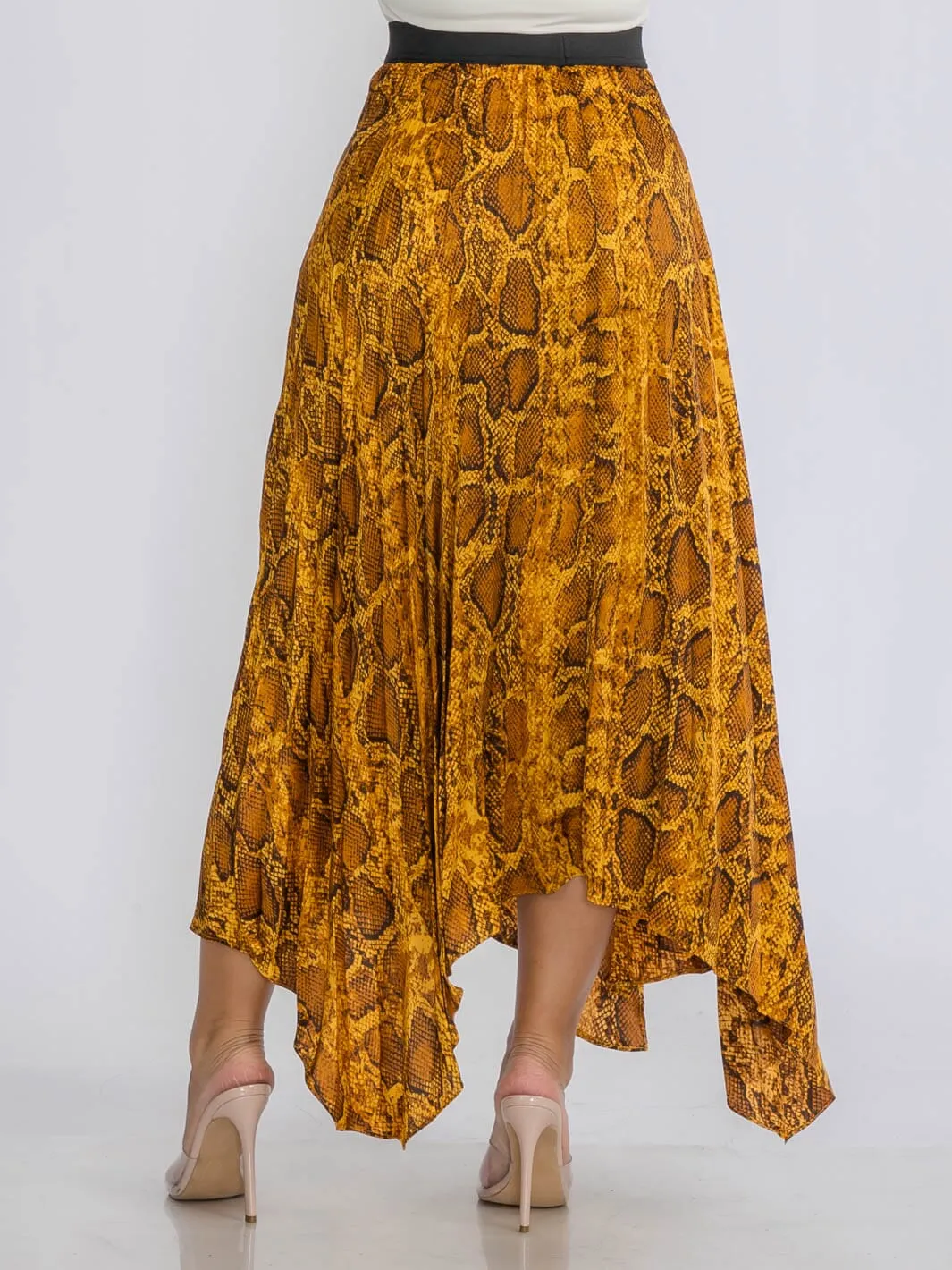 WOMEN'S ELASTIC WAIST SLIT PLEATED ANIMAL PRINT MAXI SKIRT
