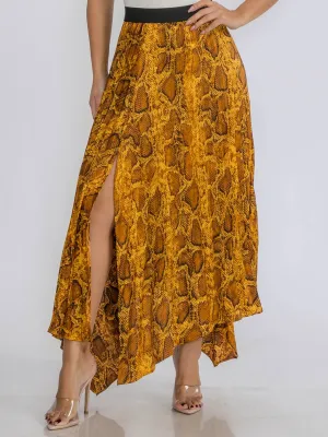 WOMEN'S ELASTIC WAIST SLIT PLEATED ANIMAL PRINT MAXI SKIRT