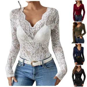 Women’s floral lace blouse, V-neck long sleeve design with sheer elegant style for casual or evening wear