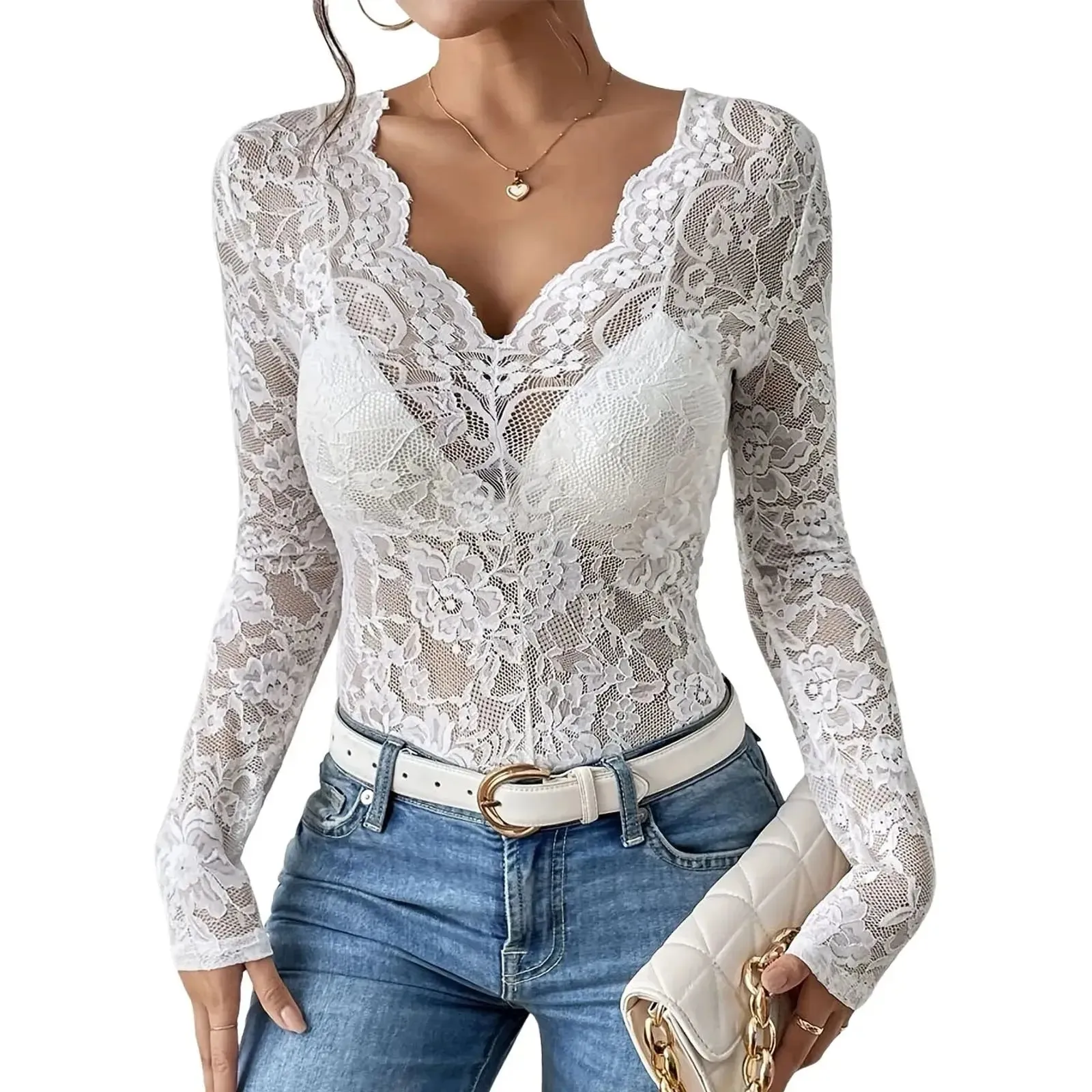 Women’s floral lace blouse, V-neck long sleeve design with sheer elegant style for casual or evening wear