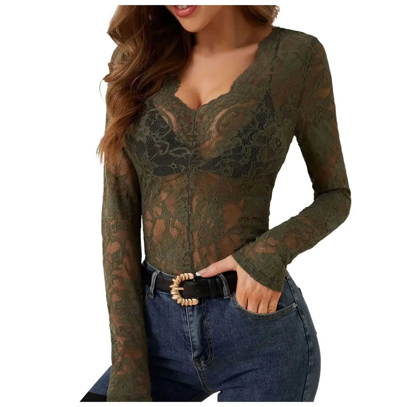 Women’s floral lace blouse, V-neck long sleeve design with sheer elegant style for casual or evening wear