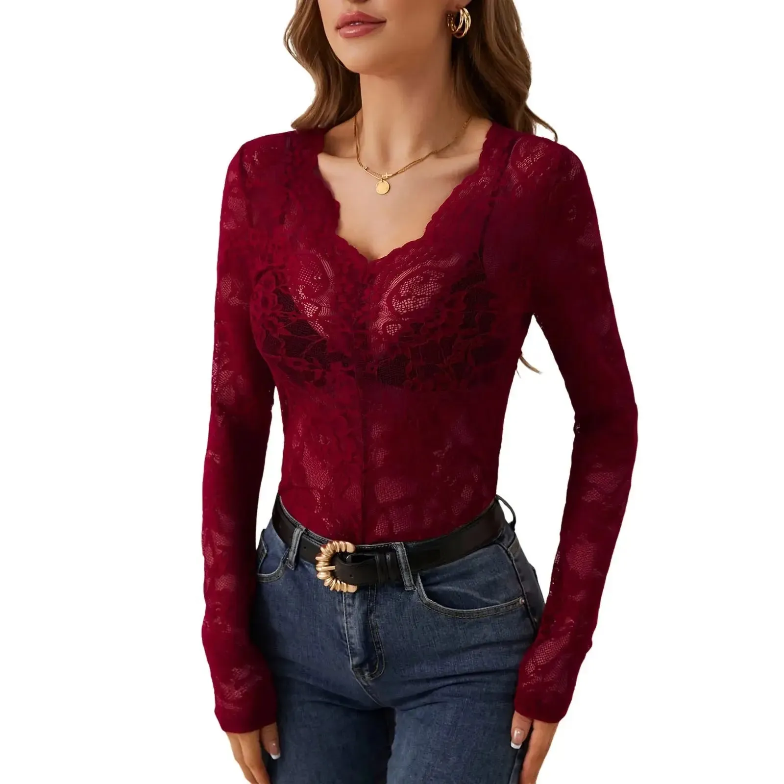 Women’s floral lace blouse, V-neck long sleeve design with sheer elegant style for casual or evening wear