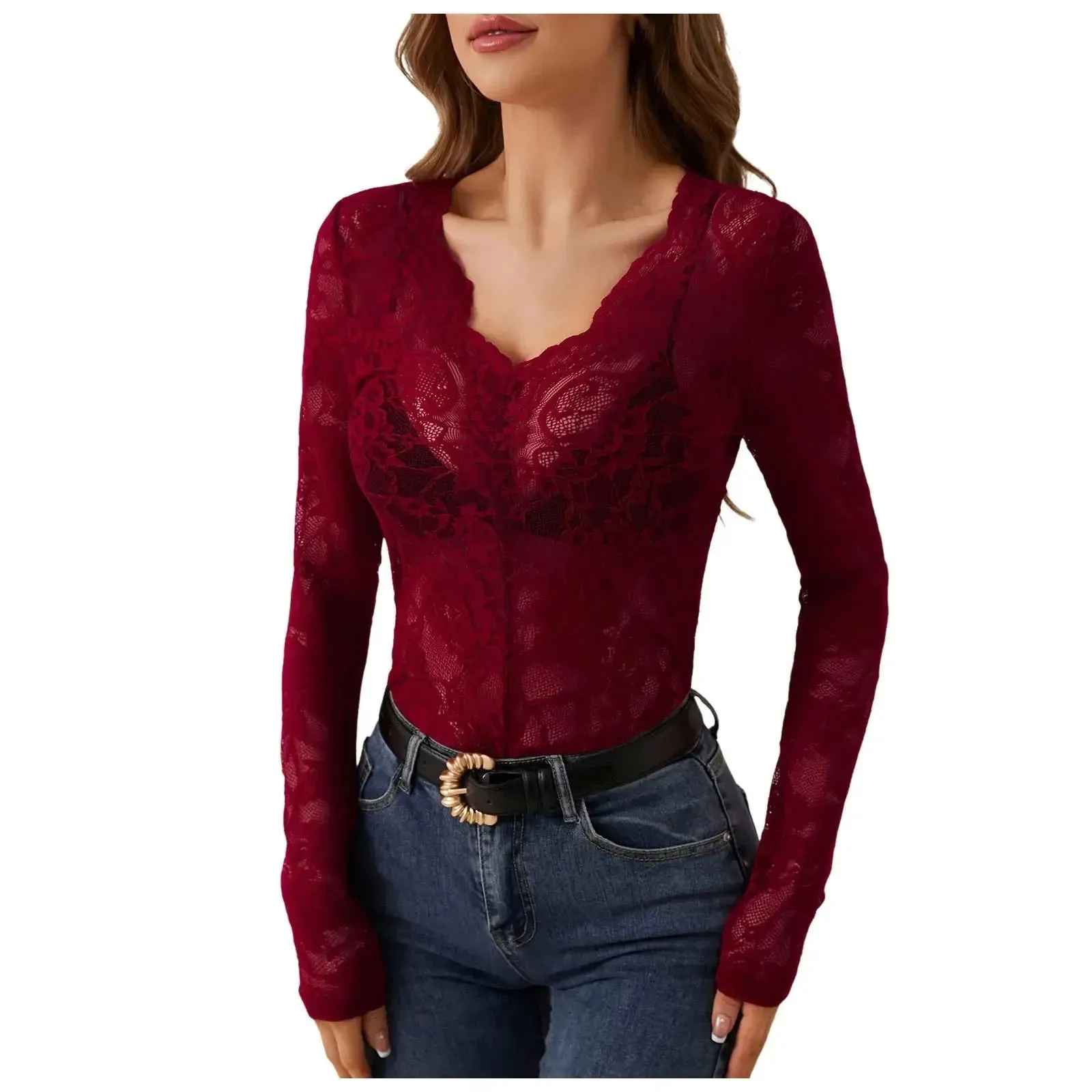 Women’s floral lace blouse, V-neck long sleeve design with sheer elegant style for casual or evening wear
